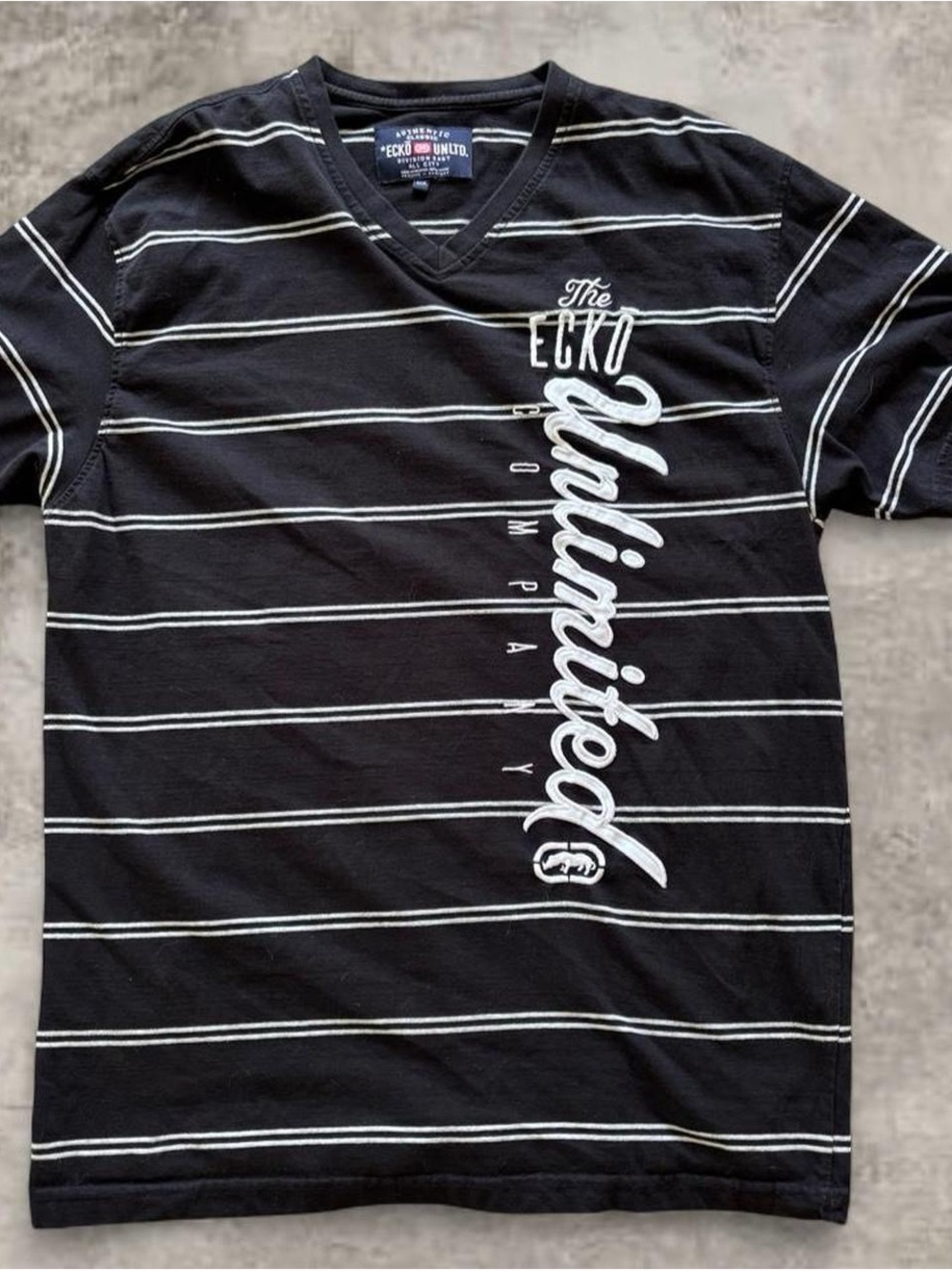 Ecko Unlimited Black V-Neck Short Sleeve Tee with White Stripes